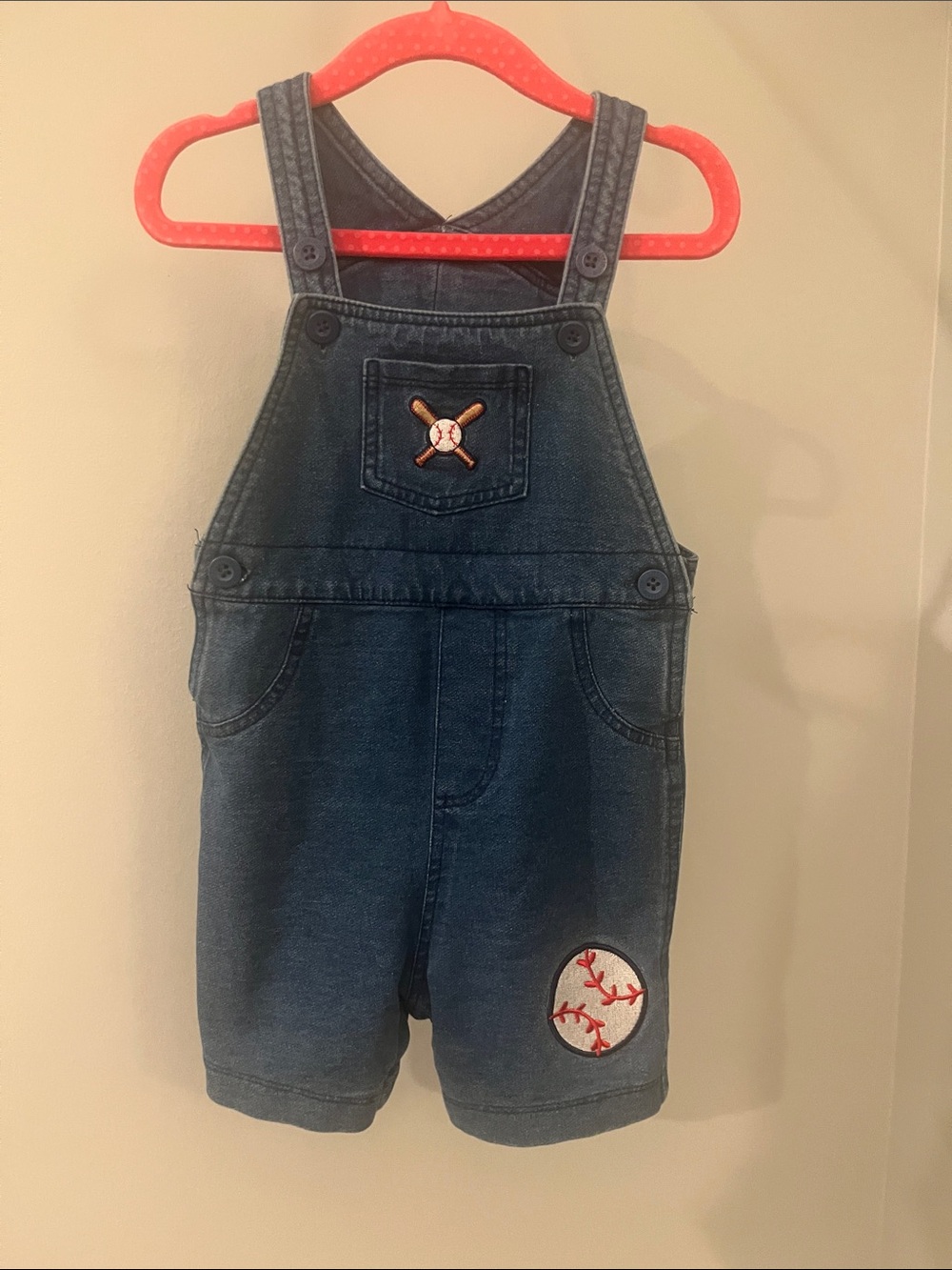 Source Unknown Blue Denim Kids Short Overalls with Baseball Patch